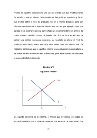 26
niveles de equilibrio del producto y la tasa de interés real. Las modificaciones
del equilibrio interno, vienen determinado por las políticas monetaria y fiscal,
sus efectos sobre el nivel de producto van en la misma dirección, pero con
diferente resultado en el tipo de interés real; es así por ejemplo, que una
política fiscal expansiva genera como efecto un incremento tanto en el nivel de
producto como también la tasa de interés real. Por su parte en el caso de
aplicar una política monetaria expansiva, su resultado es elevar el nivel de
producto pero dando como resultado una menor tasa de interés real. Es
necesario considerar que el equilibrio interno es una situación de corto plazo, y
se puede dar el caso que no sea sustentable, pues este modelo no considera
la sustentabilidad de la deuda.
Gráfico N°1
Equilibrio Interno
El segundo equilibrio es el externo, e implica que la balanza de pagos se
encuentra definida por la balanza comercial, los términos de intercambio, los
r
Y
LM
IS
Y0
r0
 