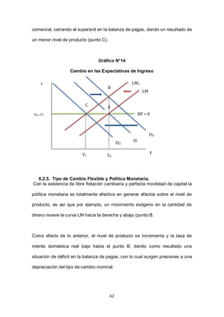 42
comercial, cerrando el superávit en la balanza de pagos, dando un resultado de
un menor nivel de producto (punto C).
Gráfico N°14
Cambio en las Expectativas de Ingreso
6.2.5. Tipo de Cambio Flexible y Política Monetaria.
Con la existencia de libre flotación cambiaria y perfecta movilidad de capital la
política monetaria es totalmente efectiva en generar efectos sobre el nivel de
producto, es así que por ejemplo, un movimiento exógeno en la cantidad de
dinero mueve la curva LM hacia la derecha y abajo (punto B.
Como efecto de lo anterior, el nivel de producto se incrementa y la tasa de
interés doméstica real baja hasta el punto B, dando como resultado una
situación de déficit en la balanza de pagos, con lo cual surgen presiones a una
depreciación del tipo de cambio nominal.
r
Y
LM
IS
Y1
r0 = r* BP = 0
A
B
IS2
LM1
C
Y0
LM
IS2
 