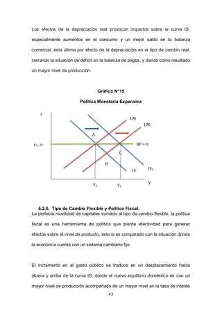 43
Los efectos de la depreciación real provocan impactos sobre la curva IS,
especialmente aumentos en el consumo y un mejor saldo en la balanza
comercial, esta última por efecto de la depreciación en el tipo de cambio real,
cerrando la situación de déficit en la balanza de pagos, y dando como resultado
un mayor nivel de producción.
Gráfico N°15
Política Monetaria Expansiva
6.2.6. Tipo de Cambio Flexible y Política Fiscal.
La perfecta movilidad de capitales sumado al tipo de cambio flexible, la política
fiscal es una herramienta de política que pierde efectividad para generar
efectos sobre el nivel de producto, esto si es comparado con la situación donde
la economía cuenta con un sistema cambiario fijo.
El incremento en el gasto público se traduce en un desplazamiento hacia
afuera y arriba de la curva IS, donde el nuevo equilibrio doméstico es con un
mayor nivel de producción acompañado de un mayor nivel en la tasa de interés
r
Y
LM
IS
Y0
r0 = r* BP = 0
A
B
IS1
LM1
C
Y1
 