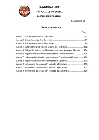 UNIVERSIDAD LIBRE
FACULTAD DE INGENIERÍA
INGENIERÍA INDUSTRIAL
Formato FO-03
ÍNDICE DE ANEXOS
Pág.
Anexo 1. Encuesta realizada a Directivos .........................................................91
Anexo 2. Encuesta realizada a Docentes..........................................................95
Anexo 3. Encuesta realizada a Estudiantes ......................................................99
Anexo 4. Lista de chequeo Colegio Erasmo de Rotterdam .............................102
Anexo 5. Cálculo de Indicadores Diagnóstico Modelo Navigator Skandia.......104
Anexo 6. Hoja de vida Indicadores componente Talento Humano ..................106
Anexo 7. Hoja de vida Indicadores componente Procesos académicos .........109
Anexo 8. Hoja de vida Indicadores componente Usuarios ..............................112
Anexo 9. Instrumento de evaluación aplicado a Directivos..............................115
Anexo 7. Instrumento de evaluación aplicado a Docentes ..............................117
Anexo 8. Instrumento de evaluación aplicado a Estudiantes...........................120
 