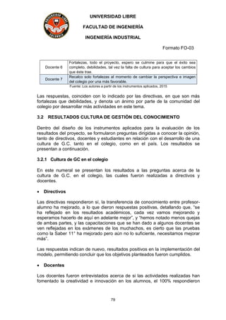 UNIVERSIDAD LIBRE
FACULTAD DE INGENIERÍA
INGENIERÍA INDUSTRIAL
Formato FO-03
79
Docente 6
Fortalezas, todo el proyecto, espero se culmine para que el éxito sea
completo, debilidades, tal vez la falta de cultura para aceptar los cambios
que éste trae.
Docente 7
Recalco solo fortalezas al momento de cambiar la perspectiva e imagen
del colegio por una más favorable.
Fuente: Los autores a partir de los instrumentos aplicados, 2015
Las respuestas, coinciden con lo indicado por las directivas, en que son más
fortalezas que debilidades, y denota un ánimo por parte de la comunidad del
colegio por desarrollar más actividades en este tema.
3.2 RESULTADOS CULTURA DE GESTIÓN DEL CONOCIMIENTO
Dentro del diseño de los instrumentos aplicados para la evaluación de los
resultados del proyecto, se formularon preguntas dirigidas a conocer la opinión,
tanto de directivos, docentes y estudiantes en relación con el desarrollo de una
cultura de G.C. tanto en el colegio, como en el país. Los resultados se
presentan a continuación.
3.2.1 Cultura de GC en el colegio
En este numeral se presentan los resultados a las preguntas acerca de la
cultura de G.C. en el colegio, las cuales fueron realizadas a directivos y
docentes.
 Directivos
Las directivas respondieron sí, la transferencia de conocimiento entre profesor-
alumno ha mejorado, a lo que dieron respuestas positivas, detallando que, “se
ha reflejado en los resultados académicos, cada vez vamos mejorando y
esperamos hacerlo de aquí en adelante mejor”, y “hemos notado menos quejas
de ambas partes, y las capacitaciones que se han dado a algunos docentes se
ven reflejadas en los exámenes de los muchachos, es cierto que las pruebas
como la Saber 11° ha mejorado pero aún no lo suficiente, necesitamos mejorar
más”.
Las respuestas indican de nuevo, resultados positivos en la implementación del
modelo, permitiendo concluir que los objetivos planteados fueron cumplidos.
 Docentes
Los docentes fueron entrevistados acerca de si las actividades realizadas han
fomentado la creatividad e innovación en los alumnos, el 100% respondieron
 