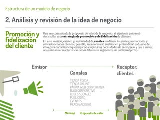 2. Análisis y revisión de la idea de negocio
Estructura de un modelo de negocio
Promoción y
fidelización
del cliente
Una vez comunicada la propuesta de valor de la empresa, el siguiente paso será
desarrollar una estrategia de promoción y de fidelización de clientes.
En este sentido, existen gran variedad de canales mediante los cuales promocionar y
contactar con los clientes, por ello, será necesario analizar en profundidad cada uno de
ellos para encontrar el que mejor se adapte a las necesidades de la empresa y que a su vez,
se ajuste a las características de los diferentes segmentos de público objetivo.
Emisor Receptor,
clientes
Canales
TIENDA FÍSICA
TIENDA ONLINE
PÁGINA WEB CORPORATIVA
BLOG CORPORATIVO
REDES SOCIALES
PUBLICIDAD
EVENTOS
MERCHANDISING
Mensaje Propuesta de valor
 