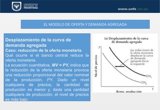 EL MODELO DE OFERTA Y DEMANDA AGREGADA
Desplazamiento de la curva de
demanda agregada
Caso: reducción de la oferta monetaria.
Qué ocurre si el banco central reduce la
oferta monetaria.
La ecuación cuantitativa, MV = PY, indica que
la reducción de la oferta monetaria provoca
una reducción proporcional del valor nominal
de la producción, PY. Dado un nivel
cualquiera de precios, la cantidad de
producción es menor y, dada una cantidad
cualquiera de producción, el nivel de precios
es más bajo
 