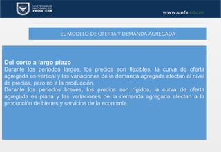 EL MODELO DE OFERTA Y DEMANDA AGREGADA
Del corto a largo plazo
Durante los periodos largos, los precios son flexibles, la curva de oferta
agregada es vertical y las variaciones de la demanda agregada afectan al nivel
de precios, pero no a la producción.
Durante los periodos breves, los precios son rígidos, la curva de oferta
agregada es plana y las variaciones de la demanda agregada afectan a la
producción de bienes y servicios de la economía.
 