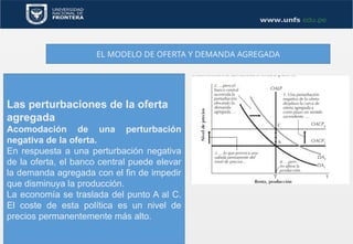 EL MODELO DE OFERTA Y DEMANDA AGREGADA
Las perturbaciones de la oferta
agregada
Acomodación de una perturbación
negativa de la oferta.
En respuesta a una perturbación negativa
de la oferta, el banco central puede elevar
la demanda agregada con el fin de impedir
que disminuya la producción.
La economía se traslada del punto A al C.
El coste de esta política es un nivel de
precios permanentemente más alto.
 