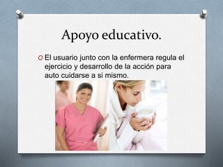 Apoyo educativo.
O El usuario junto con la enfermera regula el
ejercicio y desarrollo de la acción para
auto cuidarse a si mismo.
 