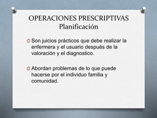 OPERACIONES PRESCRIPTIVAS
Planificación
O Son juicios prácticos que debe realizar la
enfermera y el usuario después de la
valoración y el diagnostico.
O Abordan problemas de lo que puede
hacerse por el individuo familia y
comunidad.
 