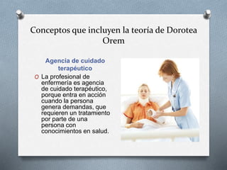 Conceptos que incluyen la teoría de Dorotea
Orem
Agencia de cuidado
terapéutico
O La profesional de
enfermería es agencia
de cuidado terapéutico,
porque entra en acción
cuando la persona
genera demandas, que
requieren un tratamiento
por parte de una
persona con
conocimientos en salud.
 