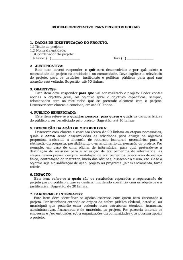 modelo orientativo projetos sociais modelo de projeto