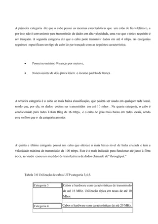 A primeira categoria diz que o cabo possui as mesmas características que um cabo de fio telefônico, e
por isso não é conveniente para transmissão de dados em alta velocidade, uma vez que o único requisito é
ser trançado. A segunda categoria diz que o cabo pode transmitir dados em até 4 mbps. As categorias
seguintes especificam um tipo de cabo de par trançado com as seguintes característica.




       •     Possui no mínimo 9 tranças por metro e,


       •     Nunca ocorre de dois pares terem o mesmo padrão de trança.




A terceira categoria é o cabo de mais baixa classificação, que poderá ser usado em qualquer rede local,
sendo que, por ele, os dados podem ser transmitidos em até 10 mbps . Na quarta categoria, o cabo é
condicionado para redes Token Ring de 16 mbps, é o cabo de grau mais baixo em redes locais, sendo
este melhor que o da categoria anterior.




A quinta e última categoria possui um cabo que oferece o mais baixo nível de linha cruzada e tem a
velocidade máxima de transmissão de 100 mbps. Este é o mais indicado para funcionar até junto à fibra
ótica, servindo como um medidor de transferência de dados chamado de” throughput.”




       Tabela 3.0 Utilização de cabos UTP categoria 3,4,5.


              Categoria 3            Cabos e hardware com características de transmissão
                                     de até 16 MHz. Utilização típica em taxas de até 10
                                     Mbps.


              Categoria 4            Cabos e hardware com características de até 20 MHz.
 
