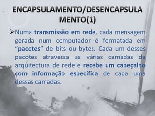 Numa transmissão em rede, cada mensagem
gerada num computador é formatada em
“pacotes” de bits ou bytes. Cada um desses
pacotes atravessa as várias camadas da
arquitectura de rede e recebe um cabeçalho
com informação específica de cada uma
dessas camadas.
 