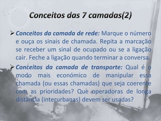 Conceitos da camada de rede: Marque o número
e ouça os sinais de chamada. Repita a marcação
se receber um sinal de ocupado ou se a ligação
cair. Feche a ligação quando terminar a conversa.
Conceitos da camada de transporte: Qual é o
modo mais económico de manipular essa
chamada (ou essas chamadas) que seja coerente
com as prioridades? Que operadoras de longa
distância (interurbanas) devem ser usadas?
 