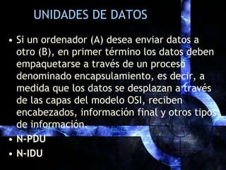 UNIDADES DE DATOSSi un ordenador (A) desea enviar datos a otro (B), en primer término los datos deben empaquetarse a través de un proceso denominado encapsulamiento, es decir, a medida que los datos se desplazan a través de las capas del modelo OSI, reciben encabezados, información final y otros tipos de información.N-PDUN-IDU