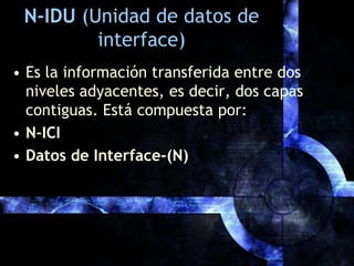 N-IDU (Unidad de datos de interface)Es la información transferida entre dos niveles adyacentes, es decir, dos capas contiguas. Está compuesta por:N-ICIDatos de Interface-(N)