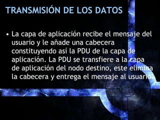 TRANSMISIÓN DE LOS DATOSLa capa de aplicación recibe el mensaje del usuario y le añade una cabecera constituyendo así la PDU de la capa de aplicación. La PDU se transfiere a la capa de aplicación del nodo destino, este elimina la cabecera y entrega el mensaje al usuario.