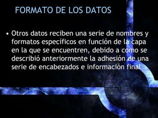 FORMATO DE LOS DATOSOtros datos reciben una serie de nombres y formatos específicos en función de la capa en la que se encuentren, debido a como se describió anteriormente la adhesión de una serie de encabezados e información final