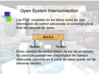 Open System Interconnection

• Los PDU consisten en los datos como tal, con
  información de control adicionada al comienzo y/o al
  final del paquete de datos.

                    DATA

            Header            Trailer
• Estos campos de control deben de ser de un tamaño
  fijo para que puedan ser intepretados de manera
  adecuada, mientras en la parte de datos puede ser de
  diferente tamaño.
 