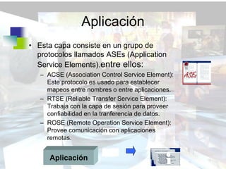 Aplicación
• Esta capa consiste en un grupo de
  protocolos llamados ASEs (Application
  Service Elements).entre ellos:
   – ACSE (Association Control Service Element):
     Este protocolo es usado para establecer
     mapeos entre nombres o entre aplicaciones.
   – RTSE (Reliable Transfer Service Element):
     Trabaja con la capa de sesión para proveer
     confiabilidad en la tranferencia de datos.
   – ROSE (Remote Operation Service Element):
     Provee comunicación con aplicaciones
     remotas.


      Aplicación
 