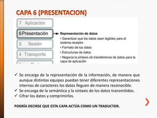  Se encarga de la representación de la información, de manera que
  aunque distintos equipos puedan tener diferentes representaciones
  internas de caracteres los datos lleguen de manera reconocible.
 Se encarga de la semántica y la sintaxis de los datos transmitidos.
 Cifrar los datos y comprimirlos.

PODRÍA DECIRSE QUE ESTA CAPA ACTÚA COMO UN TRADUCTOR.
 
