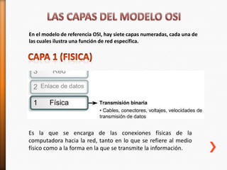 En el modelo de referencia OSI, hay siete capas numeradas, cada una de
las cuales ilustra una función de red específica.




Es la que se encarga de las conexiones físicas de la
computadora hacia la red, tanto en lo que se refiere al medio
físico como a la forma en la que se transmite la información.
 
