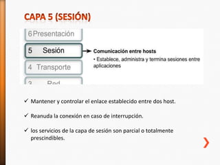  Mantener y controlar el enlace establecido entre dos host.

 Reanuda la conexión en caso de interrupción.

 los servicios de la capa de sesión son parcial o totalmente
  prescindibles.
 