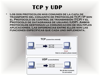 TCP y UDP
•   Los dos protocolos más comunes de la capa de
    transporte del conjunto de protocolos TCP/IP son
    el Protocolo de control de transmisión (TCP) y el
    Protocolo de datagramas de usuario (UDP). Ambos
    protocolos gestionan la comunicación de múltiples
    aplicaciones. Las diferencias entre ellos son las
    funciones específicas que cada uno implementa.
 