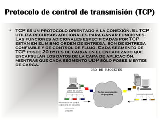 Protocolo de control de transmisión (TCP)

 •   TCP es un protocolo orientado a la conexión. El TCP
     utiliza recursos adicionales para ganar funciones.
     Las funciones adicionales especificadas por TCP
     están en el mismo orden de entrega, son de entrega
     confiable y de control de flujo. Cada segmento de
     TCP posee 20 bytes de carga en el encabezado que
     encapsulan los datos de la capa de aplicación,
     mientras que cada segmento UDP sólo posee 8 bytes
     de carga.
 