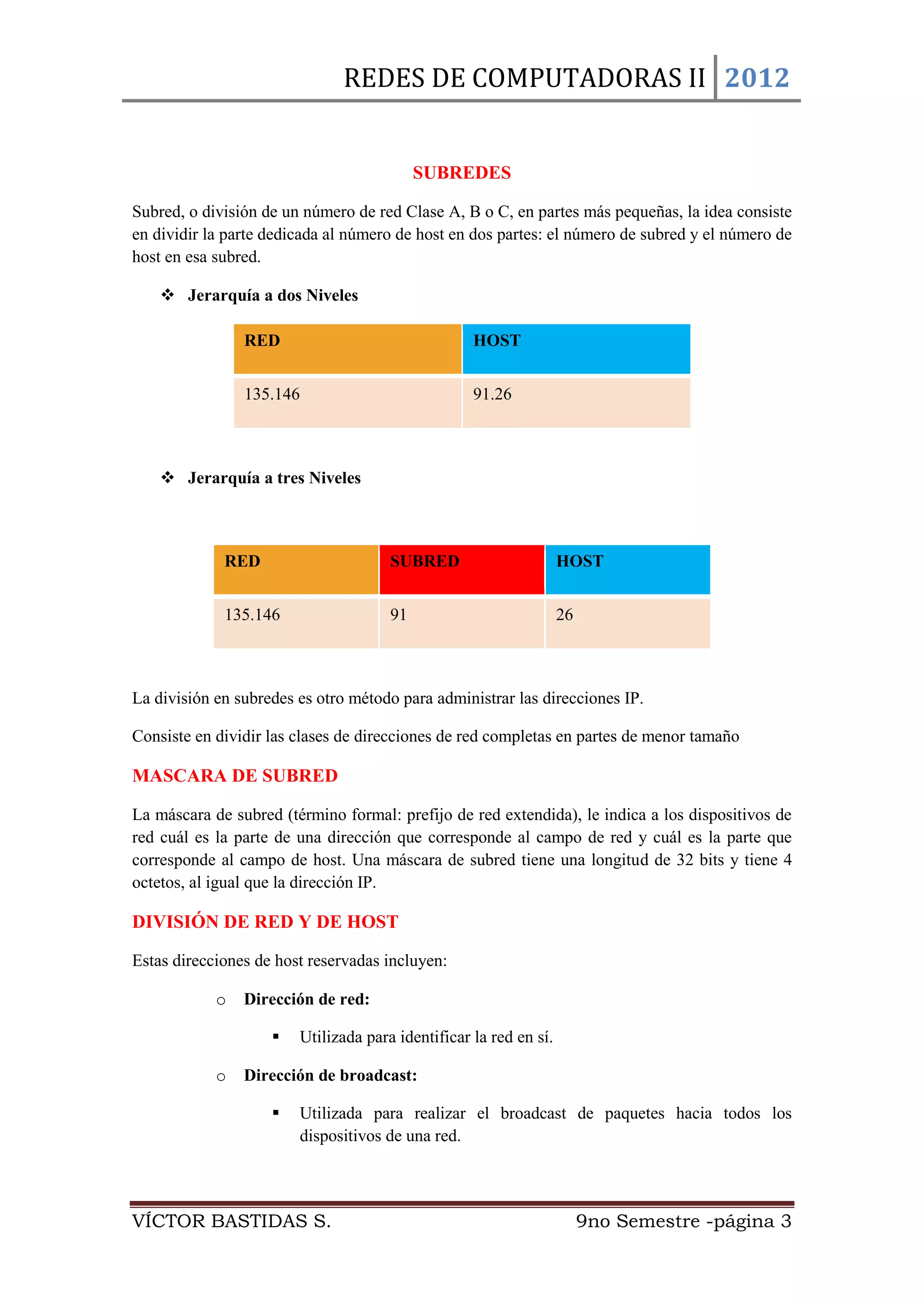 REDES DE COMPUTADORAS II 2012


                                           SUBREDES

Subred, o división de un número de red Clase A, B o C, en partes más pequeñas, la idea consiste
en dividir la parte dedicada al número de host en dos partes: el número de subred y el número de
host en esa subred.

     Jerarquía a dos Niveles

                RED                                HOST


                135.146                            91.26



     Jerarquía a tres Niveles



             RED                      SUBRED                       HOST


             135.146                  91                           26



La división en subredes es otro método para administrar las direcciones IP.

Consiste en dividir las clases de direcciones de red completas en partes de menor tamaño

MASCARA DE SUBRED

La máscara de subred (término formal: prefijo de red extendida), le indica a los dispositivos de
red cuál es la parte de una dirección que corresponde al campo de red y cuál es la parte que
corresponde al campo de host. Una máscara de subred tiene una longitud de 32 bits y tiene 4
octetos, al igual que la dirección IP.

DIVISIÓN DE RED Y DE HOST

Estas direcciones de host reservadas incluyen:

            o   Dirección de red:

                       Utilizada para identificar la red en sí.

            o   Dirección de broadcast:

                       Utilizada para realizar el broadcast de paquetes hacia todos los
                        dispositivos de una red.




VÍCTOR BASTIDAS S.                                                      9no Semestre -página 3
 