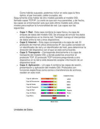 Como habrás supuesto, podemos incluir en esta capa la fibra
      óptica, el par trenzado, cable cruzados, etc.
Seguramente oirás hablar de otro modelo paralelo al modelo OSI,
llamado capas TCP/IP. Lo cierto es que son muy parecidas, y de hecho,
las capas se entremezclan solo que este último modelo solo utiliza
niveles para explicar la funcionalidad de red. Las capas son las
siguientes:
  •   Capa 1: Red - Esta capa combina la capa física y la capa de
      enlaces de datos del modelo OSI. Se encarga de enrutar los datos
      entre dispositivos en la misma red. También maneja el intercambio
      de datos entre la red y otros dispositivos.
  •   Capa 2: Internet – Esta capa corresponde a la capa de red. El
      protocolo de Internet utiliza direcciones IP, las cuales consisten en
      un identificador de red y un identificador de host, para determinar la
      dirección del dispositivo con el que se está comunicando.
  •   Capa 3: Transporte – Corresponde directamente a la capa de
      transporte del modelo OSI, y donde podemos encontrar al
      protocolo TCP. El protocolo TCP funciona preguntando a otro
      dispositivo en la red si está deseando aceptar información de un
      dispositivo local.
  •   Capa 4: Aplicación – LA capa 4 combina las capas de sesión,
      presentación y aplicación del modelo OSI. Protocolos con
      funciones específicas como correo o transferencia de archivos,
      residen en este nivel.




Unidades de Datos.
 