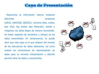 Representa la información interna mediante
diferentes

caracteres

(ASCII, UNICODE, EBCDIC), números (litte, endian
tipo Intel, big endian tipo Motorola), sonido o
imágenes, los datos llegan de manera reconocible.
Se tratan aspectos de semántica y sintaxis de los
datos transmitidos. En consecuencia, se puede
decir que esta capa es la que dispone del manejo
de las estructuras de datos abstractos, así como
realizar las conversiones de representación de
datos para su correcta interpretación y además

permite cifrar los datos y comprimirlos.

 