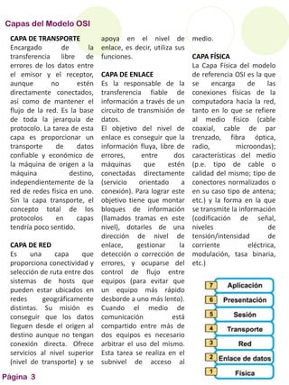 Capas del Modelo OSI
Página 3
CAPA DE TRANSPORTE
Encargado de la
transferencia libre de
errores de los datos entre
el emisor y el receptor,
aunque no estén
directamente conectados,
así como de mantener el
flujo de la red. Es la base
de toda la jerarquía de
protocolo. La tarea de esta
capa es proporcionar un
transporte de datos
confiable y económico de
la máquina de origen a la
máquina destino,
independientemente de la
red de redes física en uno.
Sin la capa transporte, el
concepto total de los
protocolos en capas
tendría poco sentido.
CAPA DE RED
Es una capa que
proporciona conectividad y
selección de ruta entre dos
sistemas de hosts que
pueden estar ubicados en
redes geográficamente
distintas. Su misión es
conseguir que los datos
lleguen desde el origen al
destino aunque no tengan
conexión directa. Ofrece
servicios al nivel superior
(nivel de transporte) y se
apoya en el nivel de
enlace, es decir, utiliza sus
funciones.
CAPA DE ENLACE
Es la responsable de la
transferencia fiable de
información a través de un
circuito de transmisión de
datos.
El objetivo del nivel de
enlace es conseguir que la
información fluya, libre de
errores, entre dos
máquinas que estén
conectadas directamente
(servicio orientado a
conexión). Para lograr este
objetivo tiene que montar
bloques de información
(llamados tramas en este
nivel), dotarles de una
dirección de nivel de
enlace, gestionar la
detección o corrección de
errores, y ocuparse del
control de flujo entre
equipos (para evitar que
un equipo más rápido
desborde a uno más lento).
Cuando el medio de
comunicación está
compartido entre más de
dos equipos es necesario
arbitrar el uso del mismo.
Esta tarea se realiza en el
subnivel de acceso al
medio.
CAPA FÍSICA
La Capa Física del modelo
de referencia OSI es la que
se encarga de las
conexiones físicas de la
computadora hacia la red,
tanto en lo que se refiere
al medio físico (cable
coaxial, cable de par
trenzado, fibra óptica,
radio, microondas);
características del medio
(p.e. tipo de cable o
calidad del mismo; tipo de
conectores normalizados o
en su caso tipo de antena;
etc.) y la forma en la que
se transmite la información
(codificación de señal,
niveles de
tensión/intensidad de
corriente eléctrica,
modulación, tasa binaria,
etc.)
 