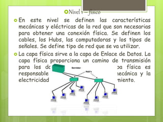 Nivel 1 – físico
 En este nivel se definen las características
mecánicas y eléctricas de la red que son necesarias
para obtener una conexión física. Se definen los
cables, los Hubs, las computadoras y los tipos de
señales. Se define tipo de red que se va utilizar.
 La capa física sirve a la capa de Enlace de Datos. La
capa física proporciona un camino de transmisión
para los datos en una red. La capa física es
responsable de los procedimientos, mecánica y la
electricidad requerida para el funcionamiento.
 