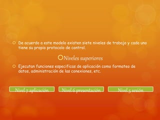  De acuerdo a este modelo existen siete niveles de trabajo y cada uno
tiene su propio protocolo de control.
Niveles superiores
 Ejecutan funciones especificas de aplicación como formateo de
datos, administración de las conexiones, etc.
Nivel 7 aplicación Nivel 6 presentación Nivel 5 sesión
 