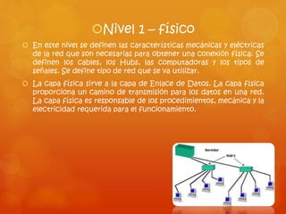 Nivel 1 – físico
 En este nivel se definen las características mecánicas y eléctricas
de la red que son necesarias para obtener una conexión física. Se
definen los cables, los Hubs, las computadoras y los tipos de
señales. Se define tipo de red que se va utilizar.
 La capa física sirve a la capa de Enlace de Datos. La capa física
proporciona un camino de transmisión para los datos en una red.
La capa física es responsable de los procedimientos, mecánica y la
electricidad requerida para el funcionamiento.
 