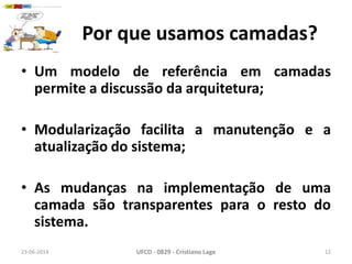 Por que usamos camadas?
• Um modelo de referência em camadas
permite a discussão da arquitetura;
• Modularização facilita a manutenção e a
atualização do sistema;
• As mudanças na implementação de uma
camada são transparentes para o resto do
sistema.
23-06-2014 UFCD - 0829 - Cristiano Lage 12
 