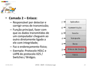 • Camada 2 – Enlace:
– Responsável por detectar e
corrigir erros de transmissão;
– Função principal, fazer com
que os dados transmitidos de
um computador cheguem ao
outro diretamente ligado a
ele com integridade;
– Faz o endereçamento físico;
– Exemplo: Protocolo HDLC e
LAPB do protocolo X25 /
Switches / Bridges.
23-06-2014 UFCD - 0829 - Cristiano Lage 23
 