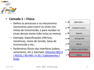 • Camada 1 – Física:
– Define os processos e os mecanismos
necessários para inserir os sinais nos
meios de transmissão, e para receber os
sinais desses meios (não inclui os meios);
– Exemplo: Especificações elétricas,
mecânicas, níveis de tensão, taxas de
transmissão e etc.;
– Parâmetros físicos das interfaces (cabos,
conectores, etc.); Exemplo: Ethernet 802.3
/ RS232 / RS-449 / V-35 / Cabeamento /
Hubs.
23-06-2014 UFCD - 0829 - Cristiano Lage 26
 