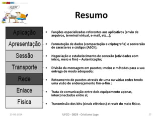 Resumo
• Funções especializadas referentes aos aplicativos (envio de
arquivos, terminal virtual, e-mail, etc...);
• Formatação de dados (compactação e criptografia) e conversão
de caracteres e códigos (ASCII);
• Negociação e estabelecimento de conexão (atividades com
início, meio e fim) – Autenticação;
• Divisão da mensagem em pacotes; meios e métodos para a sua
entrega de modo adequado;
• Roteamento de pacotes através de uma ou várias redes tendo
uma visão de endereçamento fim-a-fim ;
• Trata de comunicação entre dois equipamento apenas,
interconectados entre si;
• Transmissão dos bits (sinais elétricos) através do meio físico.
23-06-2014 UFCD - 0829 - Cristiano Lage 27
 