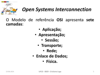 Open Systems Interconnection
O Modelo de referência OSI apresenta sete
camadas:
• Aplicação;
• Apresentação;
• Sessão;
• Transporte;
• Rede;
• Enlace de Dados;
• Física.
23-06-2014 UFCD - 0829 - Cristiano Lage 5
 