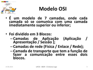 Modelo OSI
• É um modelo de 7 camadas, onde cada
camada só se comunica com uma camada
imediatamente superior ou inferior;
• Foi dividido em 3 Blocos:
–Camadas de Aplicação (Aplicação /
Apresentação / Sessão );
–Camadas de rede (Fisica / Enlace / Rede);
–Camada de transporte que tem a função de
fazer a comunicação entre esses dois
blocos.
23-06-2014 UFCD - 0829 - Cristiano Lage 9
 