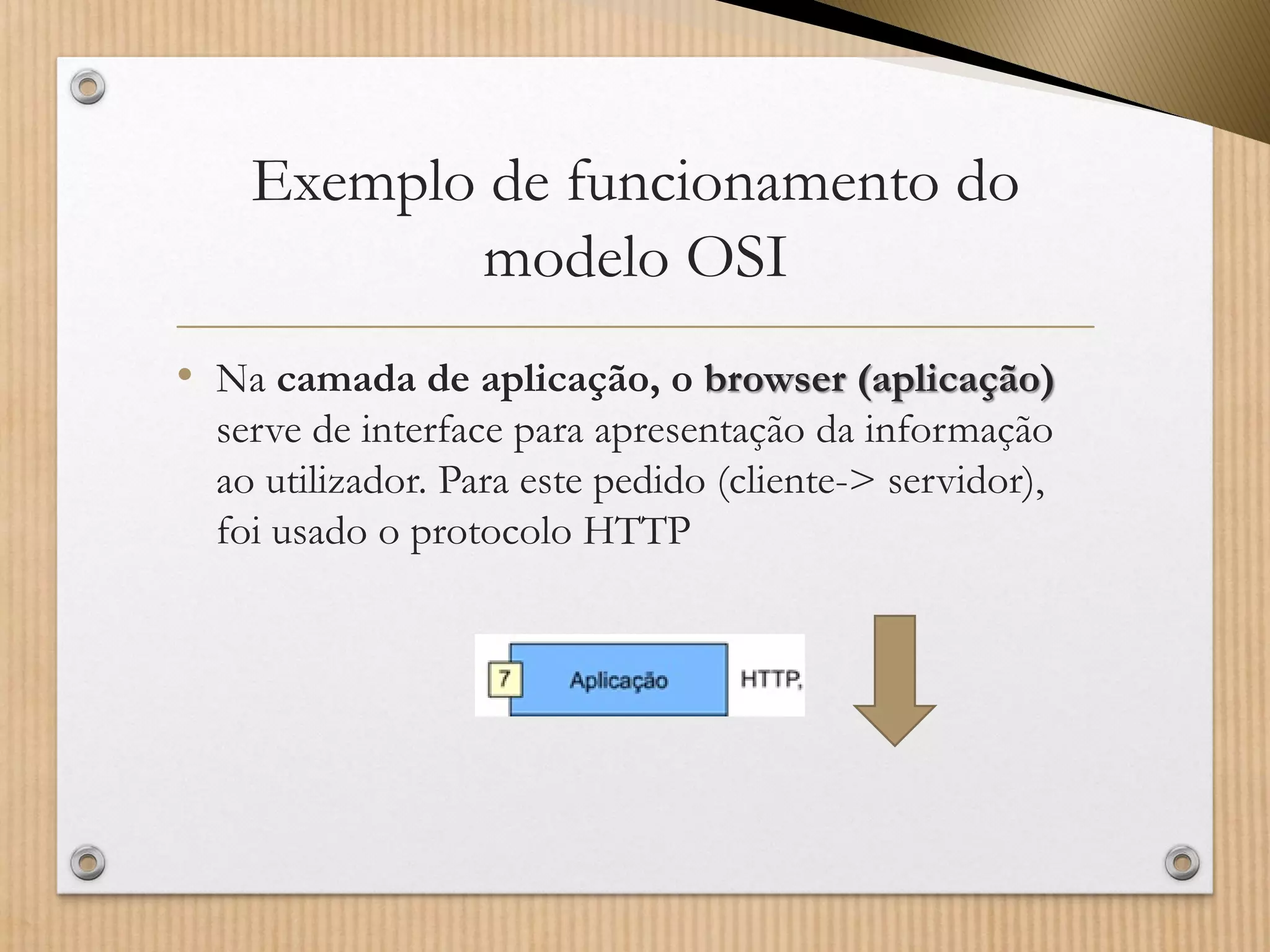 Exemplo de funcionamento do modelo OSI 
•Nacamada de aplicação, obrowser (aplicação) serve de interface para apresentação da informação ao utilizador. Para este pedido (cliente-> servidor), foi usado o protocolo HTTP  