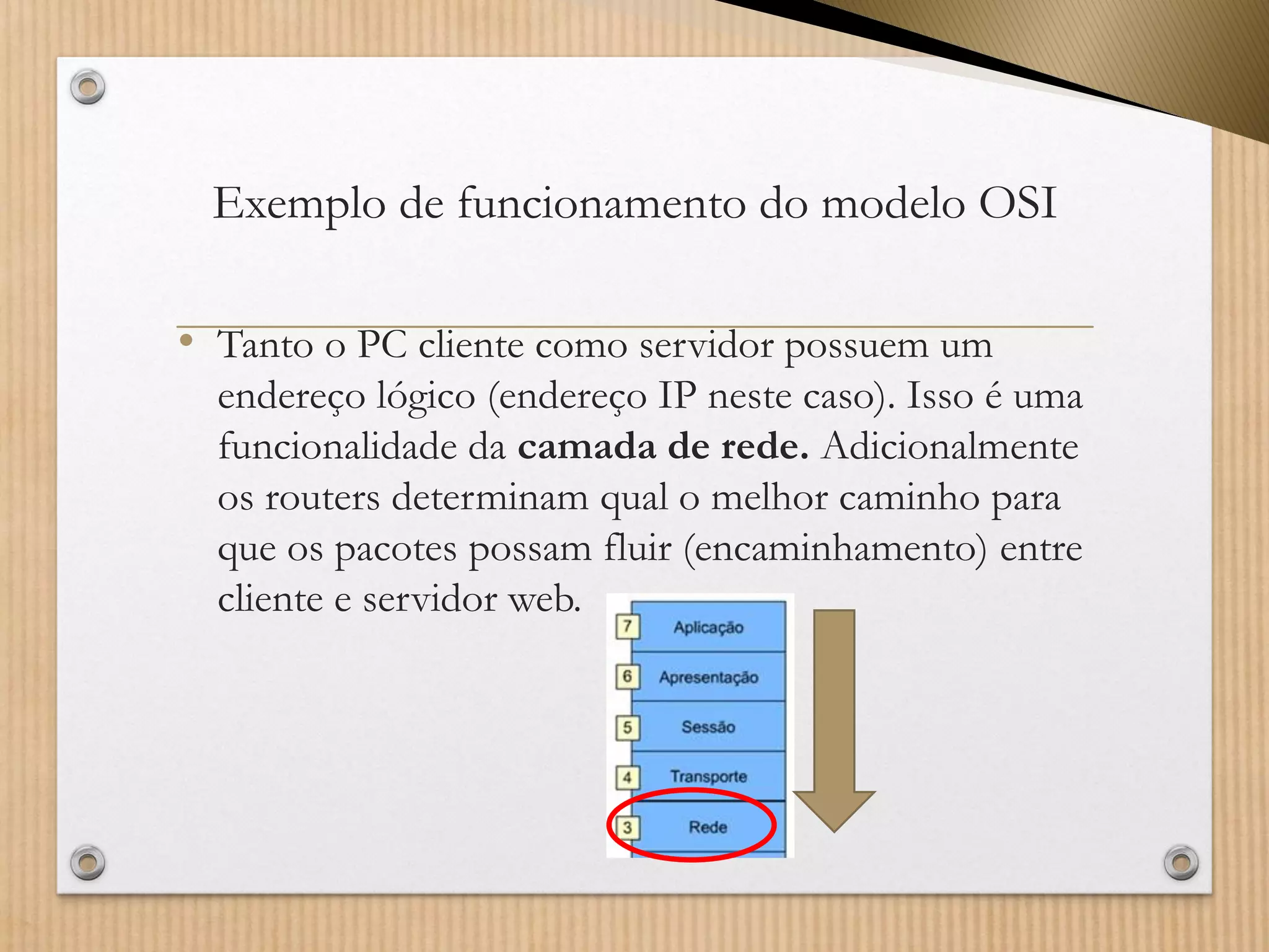 Exemplo de funcionamento do modelo OSI 
•Tanto o PC cliente como servidor possuem um endereço lógico (endereço IP neste caso). Isso é uma funcionalidade dacamada de rede.Adicionalmente os routers determinam qual o melhor caminho para que os pacotes possam fluir (encaminhamento) entre cliente e servidor web.  