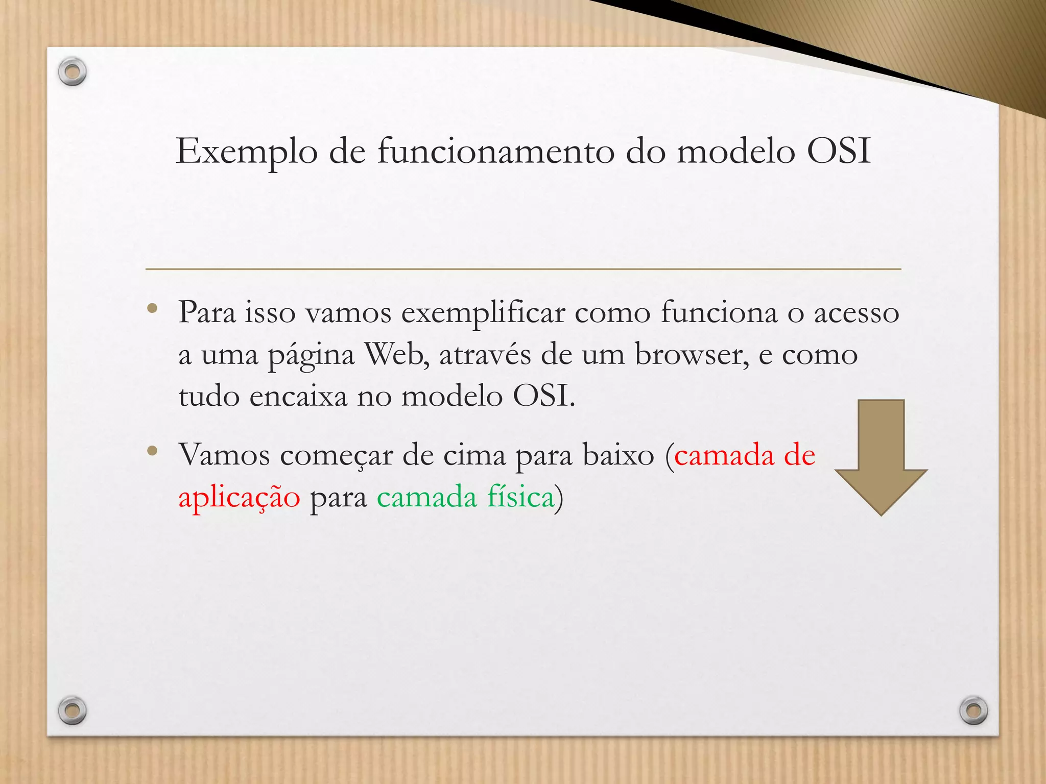 Exemplo de funcionamento do modelo OSI 
•Para isso vamos exemplificar como funciona o acesso a uma página Web, através de um browser, e como tudo encaixa no modelo OSI. 
•Vamos começar de cima para baixo (camada de aplicação para camada física)  