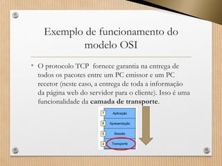 Exemplo de funcionamento do modelo OSI 
•O protocolo TCPfornece garantia na entrega de todos os pacotes entre um PC emissor e um PC recetor (neste caso, a entrega de toda a informação da página web do servidor para o cliente). Isso é uma funcionalidade dacamada de transporte.  