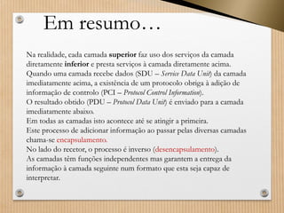 Em resumo… 
Na realidade, cada camada superiorfaz uso dos serviços da camada diretamente inferiore presta serviços à camada diretamente acima. 
Quando uma camada recebe dados (SDU –ServiceData Unit) da camada imediatamente acima, a existência de um protocolo obriga à adição de informação de controlo (PCI –ProtocolControlInformation). 
O resultado obtido (PDU –ProtocolData Unit) é enviado para a camada imediatamente abaixo. 
Em todas as camadas isto acontece até se atingir a primeira. 
Este processo de adicionar informação ao passar pelas diversas camadas chama-se encapsulamento. 
No lado do recetor, o processo é inverso (desencapsulamento). 
As camadas têm funções independentes mas garantem a entrega da informação à camada seguinte num formato que esta seja capaz de interpretar.  