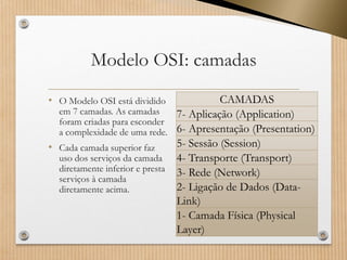 Modelo OSI: camadas 
•O Modelo OSI está dividido em 7 camadas. As camadas foram criadas para esconder a complexidade de uma rede. 
•Cada camada superior faz uso dos serviços da camada diretamente inferior e presta serviços à camada diretamente acima. 
CAMADAS 
7-Aplicação (Application) 
6-Apresentação (Presentation) 
5-Sessão (Session) 
4-Transporte (Transport) 
3-Rede (Network) 
2-Ligação de Dados (Data- Link) 
1-Camada Física (PhysicalLayer)  
