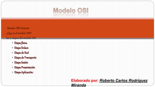 Modelo OSI Historia 
¿Que es el modelo OSI? 
las 7 etapas del modelo OSI 
Elaborado por: Roberto Carlos Rodríguez 
Miranda 
 