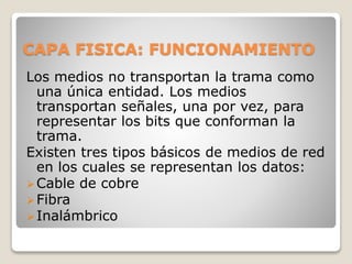 CAPA FISICA: FUNCIONAMIENTO
Los medios no transportan la trama como
una única entidad. Los medios
transportan señales, una por vez, para
representar los bits que conforman la
trama.
Existen tres tipos básicos de medios de red
en los cuales se representan los datos:
Cable de cobre
Fibra
Inalámbrico
 