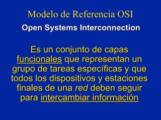 Modelo de Referencia OSI
Open Systems Interconnection
Es un conjunto de capas
funcionales que representan un
grupo de tareas específicas y que
todos los dispositivos y estaciones
finales de una red deben seguir
para intercambiar información
 