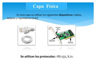 Capa Física
En esta capa se utilizan los siguientes dispositivos: Cables,
tarjetas y repetidores (hub).
Se utilizan los protocolos : RS-232, X.21.
 